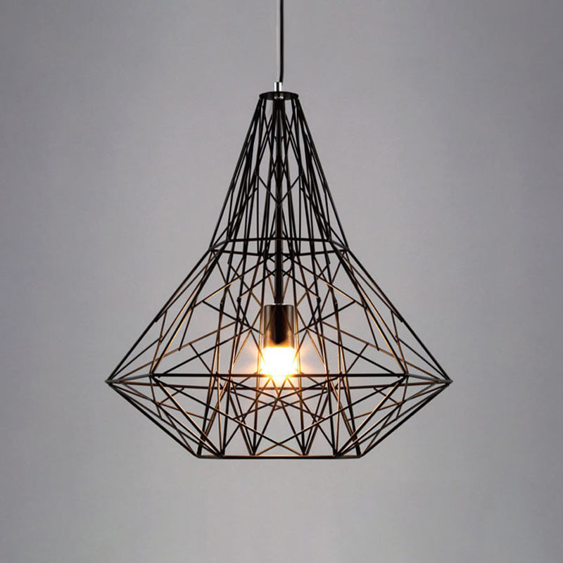 Industrial Cage Diamond Pendant Lighting 1 Head Metallic Hanging Lamp in Black/White for Dining Room, 16"/19.5" Dia