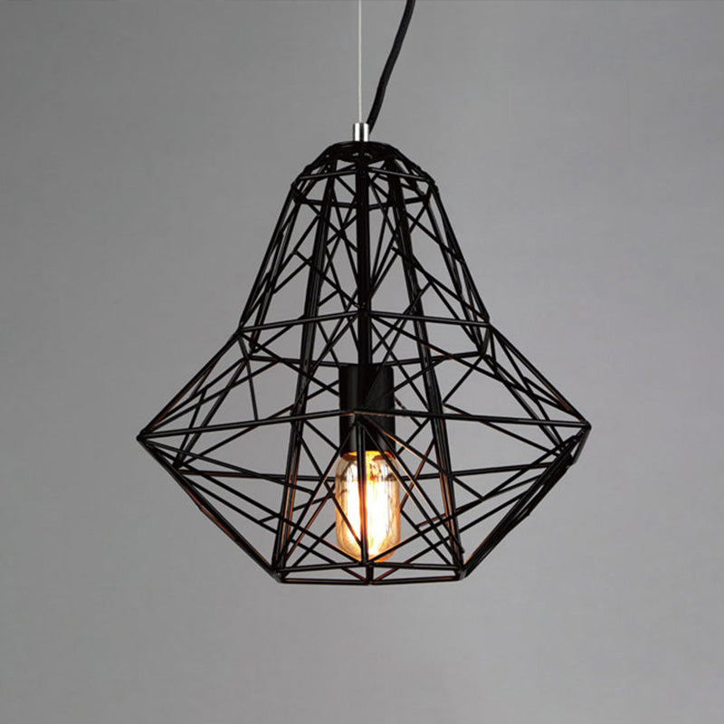 Industrial Cage Diamond Pendant Lighting 1 Head Metallic Hanging Lamp in Black/White for Dining Room, 16"/19.5" Dia