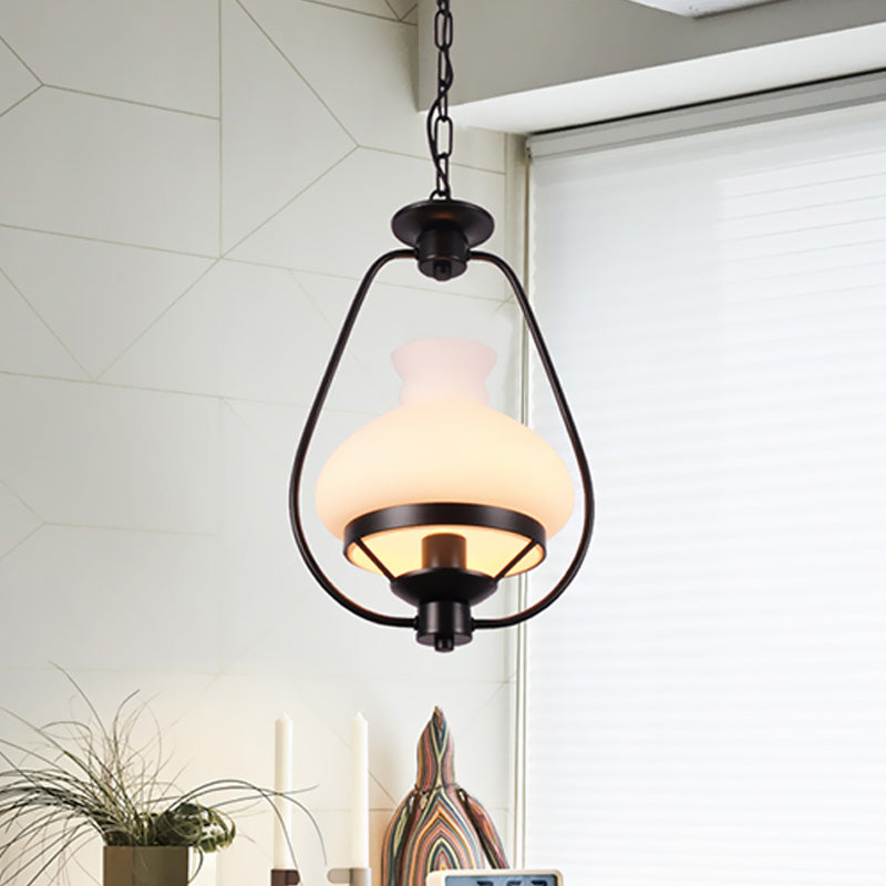 Single Light Ceiling Light Industrial Vase White Glass Pendant Lighting Fixture in Black