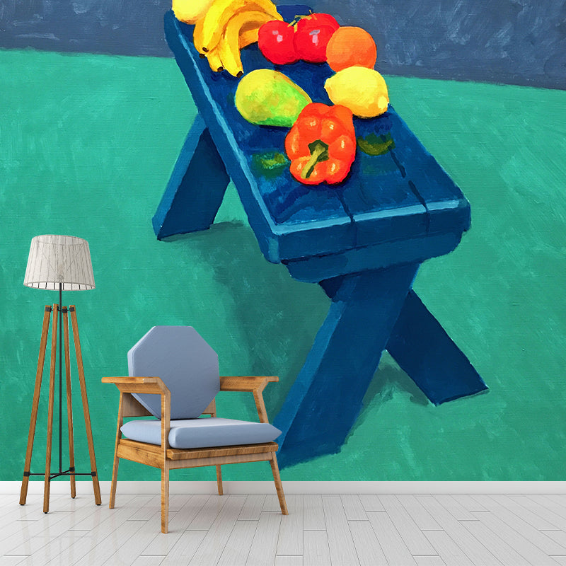 Fruit in Still Life Murals Blue-Green Art Deco Wall Covering for Bedroom, Made to Measure