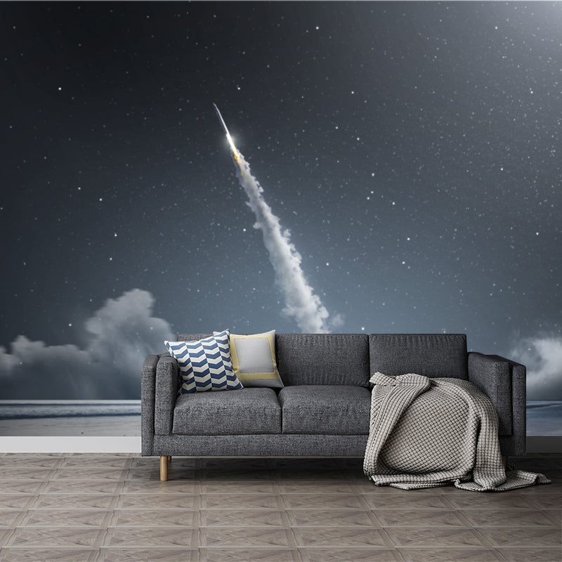 Starry Sky Rocket Wallpaper Mural Futuristic Non-Woven Material Wall Decor in Blue-White