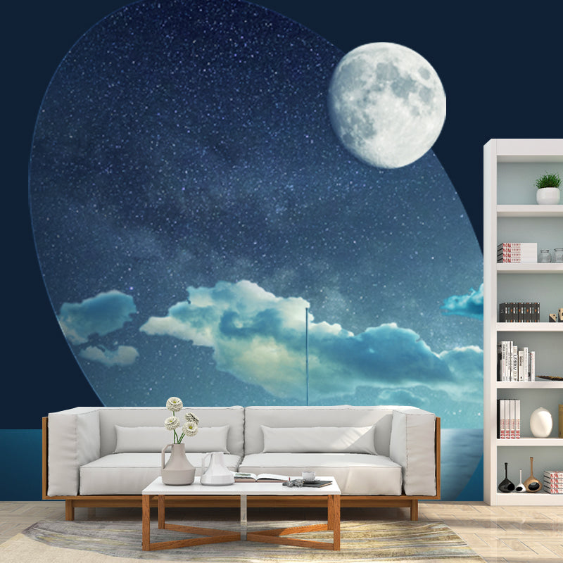 Moon Night Ocean Ship Mural Wallpaper Science Fiction Smooth Wall Covering in Blue