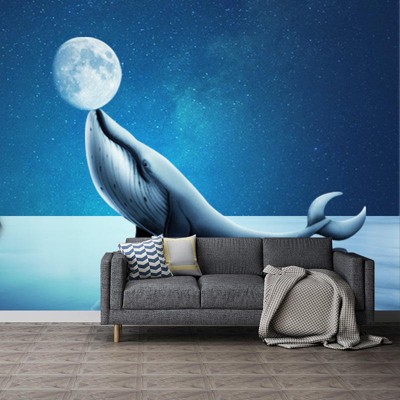 Blue Dolphin Playing Moon Murals Water-Proof Fictional Bedroom Wall Decor, Custom-Made