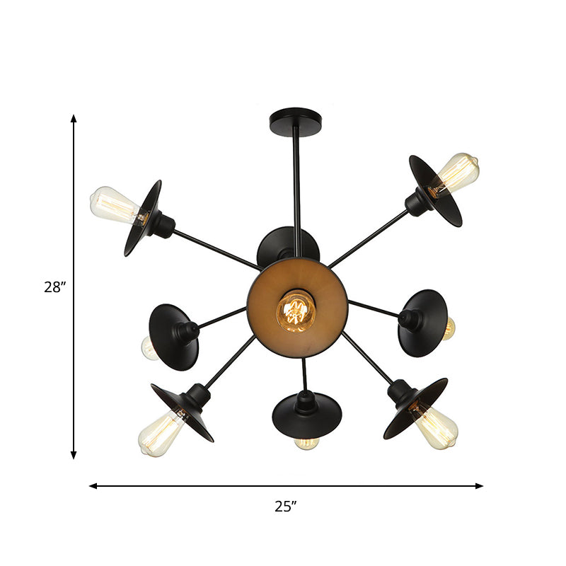 Black Flare Shade Chandelier Lighting Fixture Factory Metal 9/12/15 Lights Living Room Hanging Ceiling Light with Sputnik Design