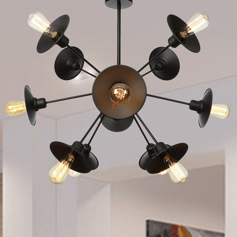 Black Flare Shade Chandelier Lighting Fixture Factory Metal 9/12/15 Lights Living Room Hanging Ceiling Light with Sputnik Design