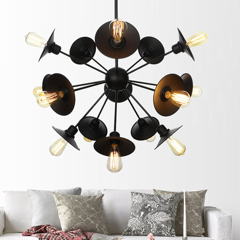 Black Flare Shade Chandelier Lighting Fixture Factory Metal 9/12/15 Lights Living Room Hanging Ceiling Light with Sputnik Design