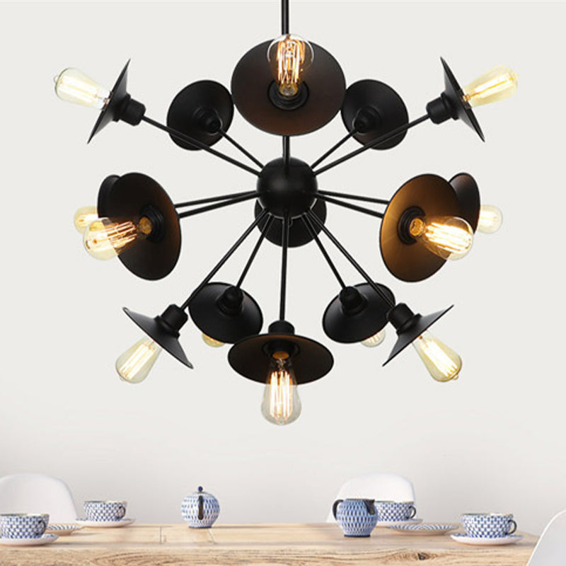 Black Flare Shade Chandelier Lighting Fixture Factory Metal 9/12/15 Lights Living Room Hanging Ceiling Light with Sputnik Design