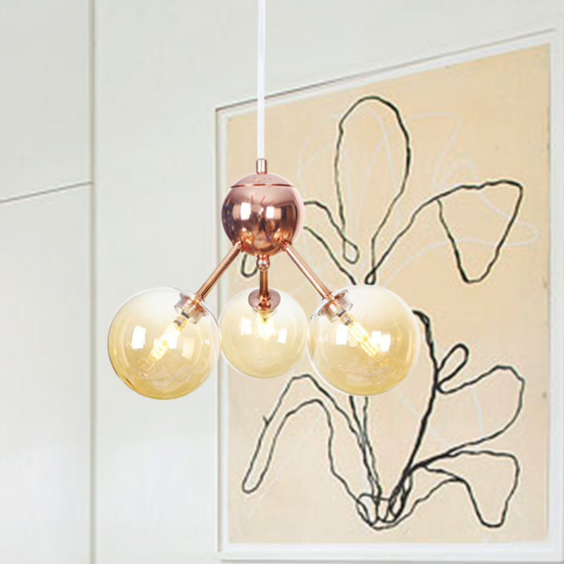 Copper 3/9/12 Lights Ceiling Chandelier Vintage Clear/Amber Glass Orb Shade Hanging Fixture with Branch Design, 13"/27.5"/34" W