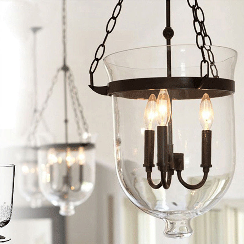 3-Light Suspension Chandelier Pendant Light with Urn Shade Clear Glass Industrial Dining Room Ceiling Lamp in Black