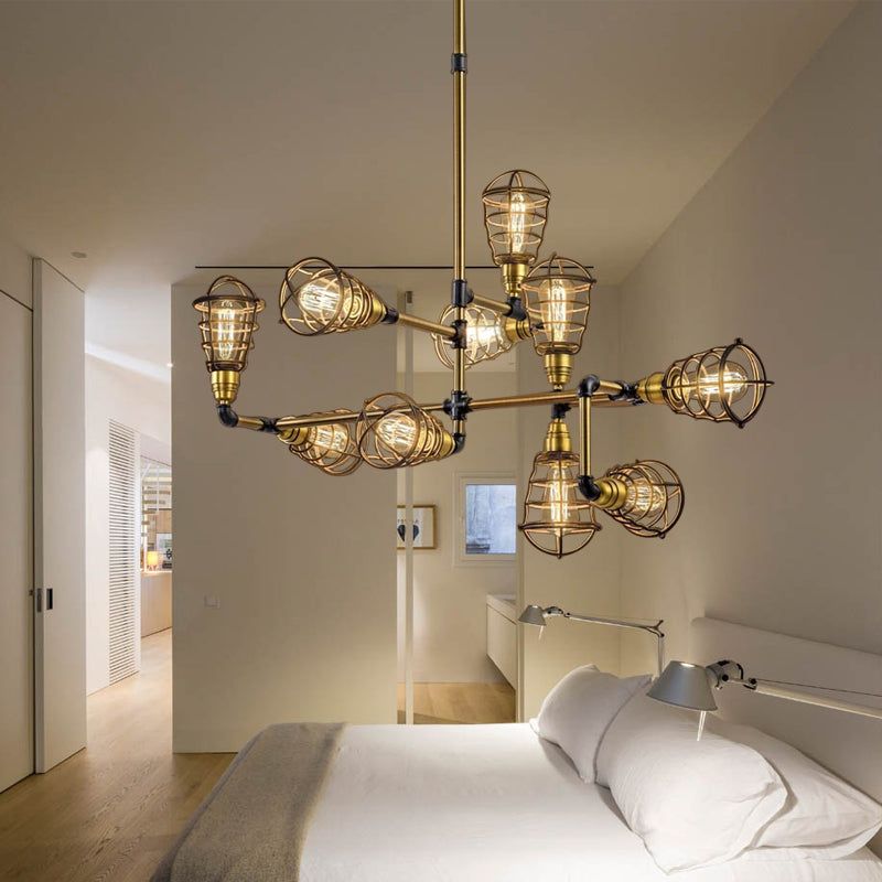 Multi Light Caged Chandelier Lighting with Bulb Shaped Vintage Loft Brushed Brass Metallic Mini Pendant Lamp