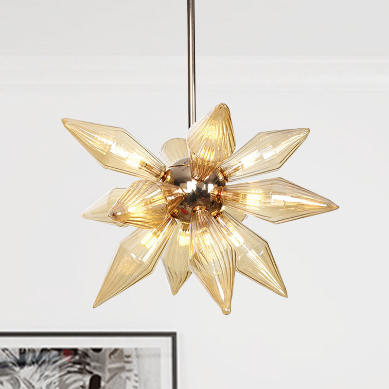 Diamond Clear/Amber Glass Chandelier Industrial 9/12/15 Heads Kitchen Pendant Lighting Fixture in Chrome/Gold