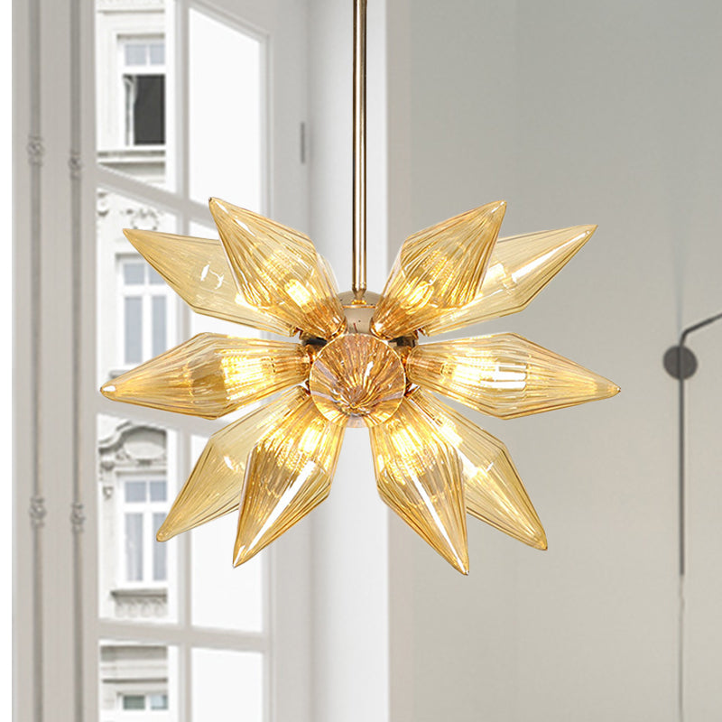 Diamond Clear/Amber Glass Chandelier Industrial 9/12/15 Heads Kitchen Pendant Lighting Fixture in Chrome/Gold