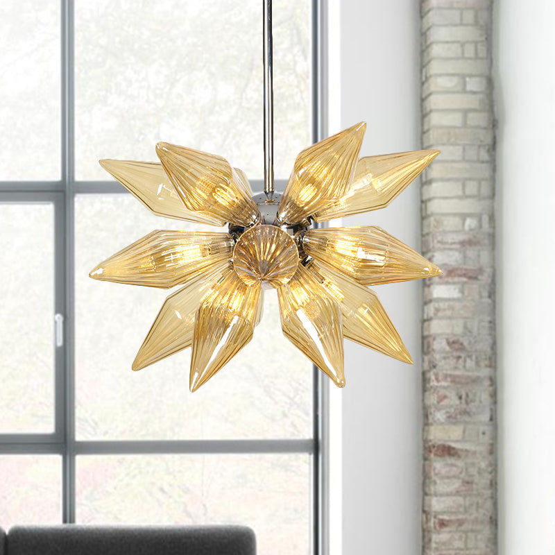 Diamond Clear/Amber Glass Chandelier Industrial 9/12/15 Heads Kitchen Pendant Lighting Fixture in Chrome/Gold