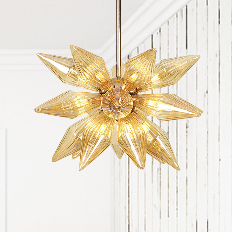 Diamond Clear/Amber Glass Chandelier Industrial 9/12/15 Heads Kitchen Pendant Lighting Fixture in Chrome/Gold