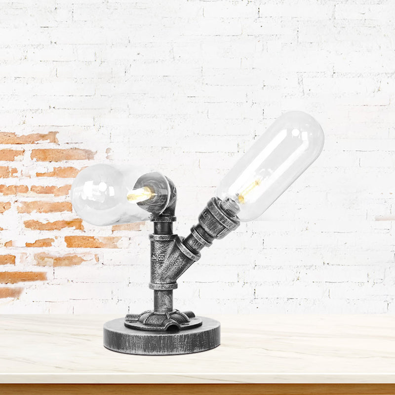 Capsule Clear/Amber Glass Night Light Farmhouse 2/3 Heads Tearoom LED Table Lamp with Pipe Base