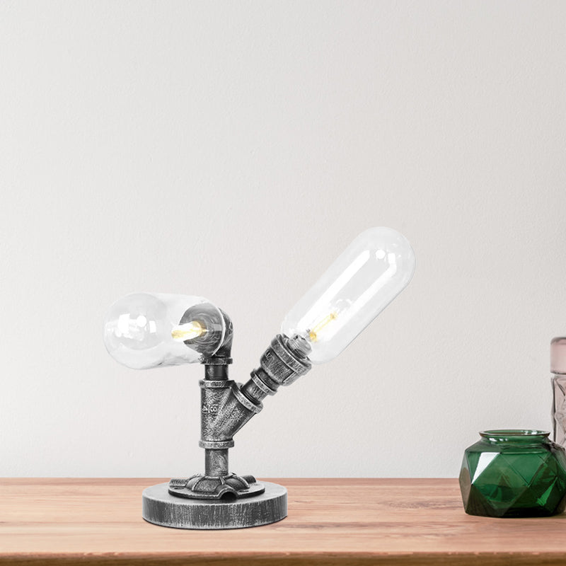 Capsule Clear/Amber Glass Night Light Farmhouse 2/3 Heads Tearoom LED Table Lamp with Pipe Base