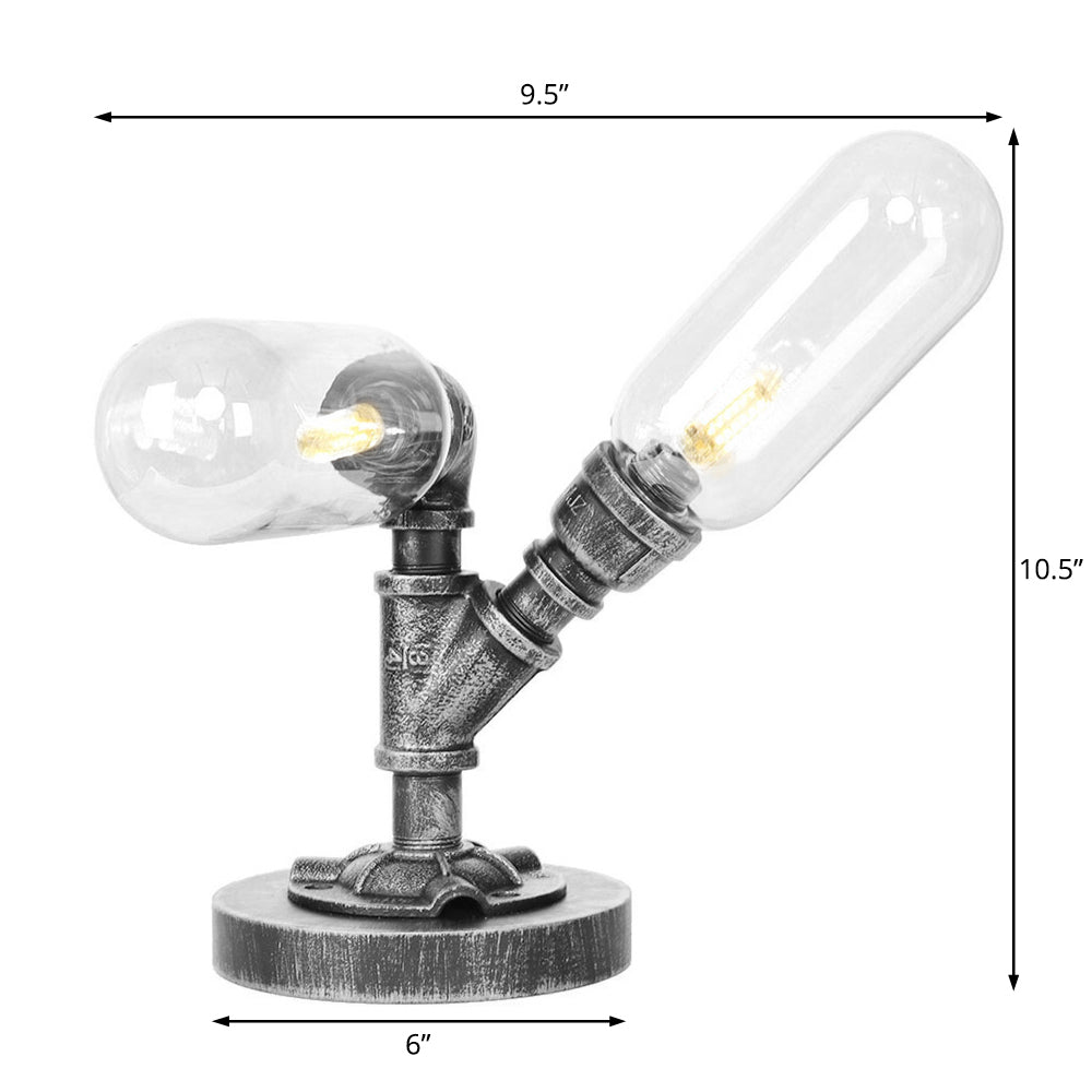 Capsule Clear/Amber Glass Night Light Farmhouse 2/3 Heads Tearoom LED Table Lamp with Pipe Base