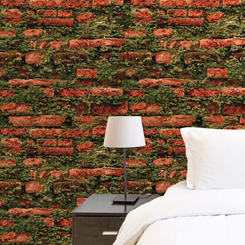 Steampunk Mossy Brick Wallpaper Roll for Bedroom 57.1-sq ft Wall Covering in Red