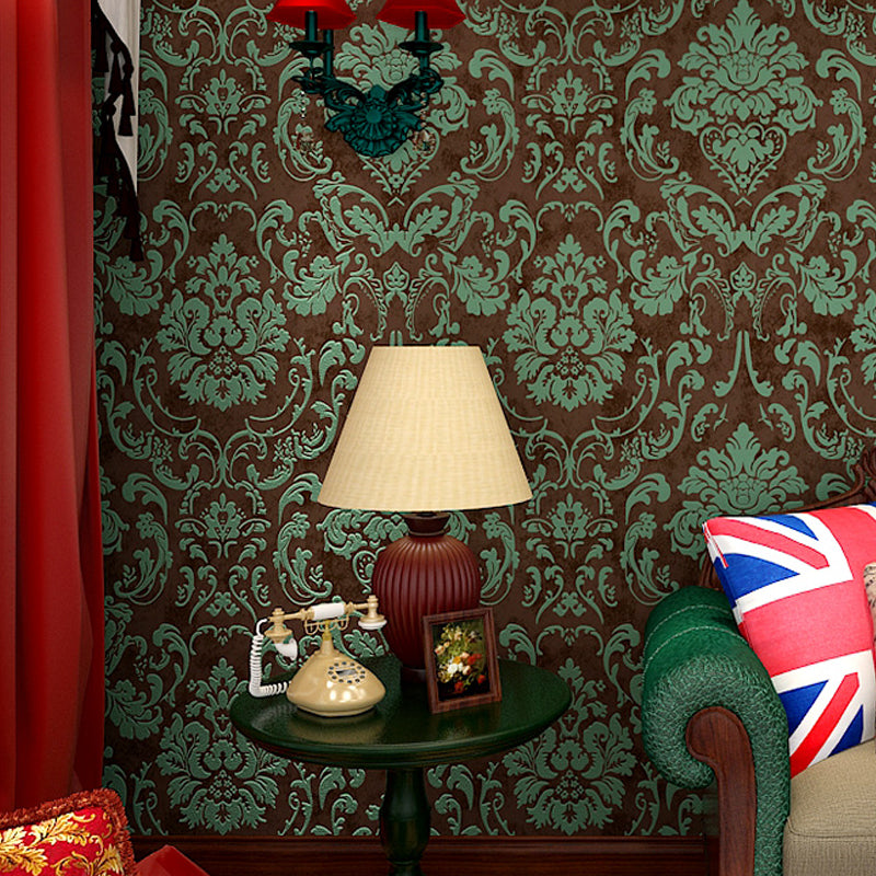 Nostalgic Jacquard Wallpaper for Living Room 57.1-sq ft Wall Decor in Green on Brown