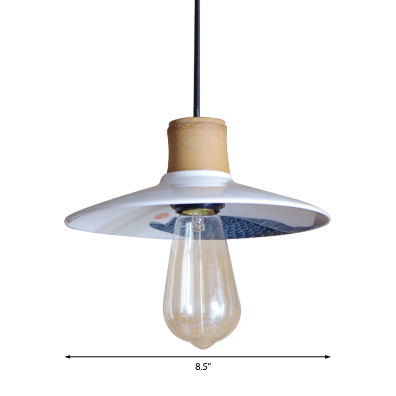 Ceramic and Wood White Pendant Lamp Saucer 1 Light Contemporary Style Hanging Light with Fish Pattern, 8.5"/10.5" W