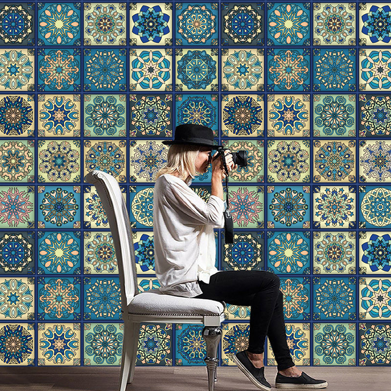 Bohemian Mandala Wallpaper Panels Blue-Yellow-Green Adhesive Wall Decor for Kitchen