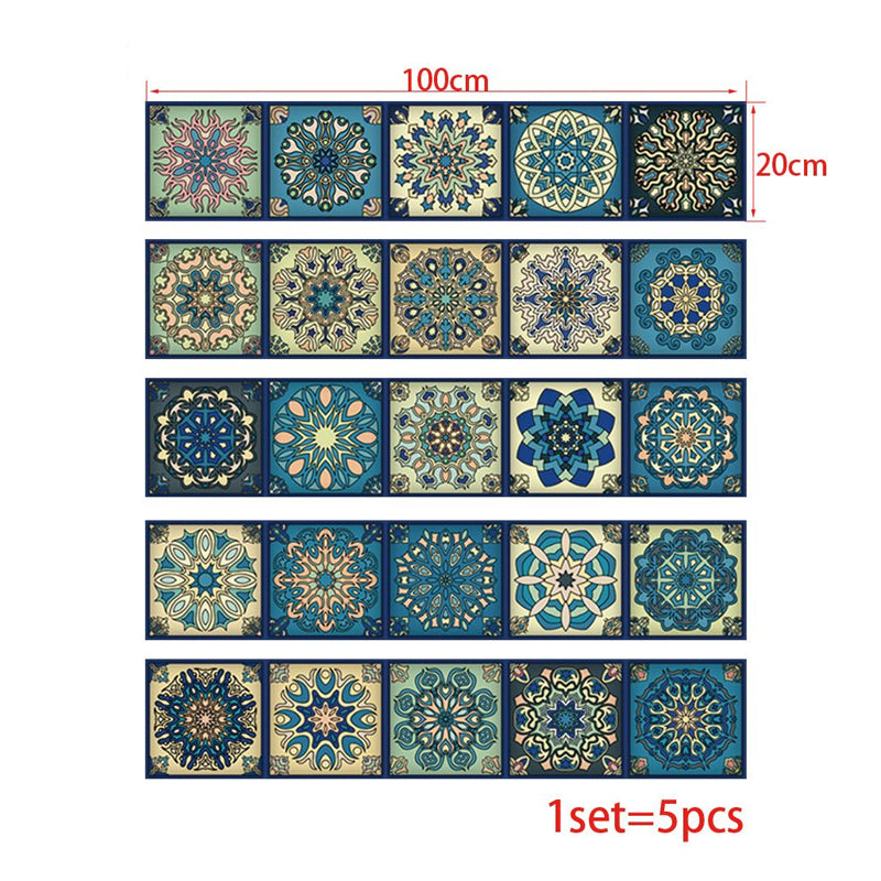 Bohemian Mandala Wallpaper Panels Blue-Yellow-Green Adhesive Wall Decor for Kitchen