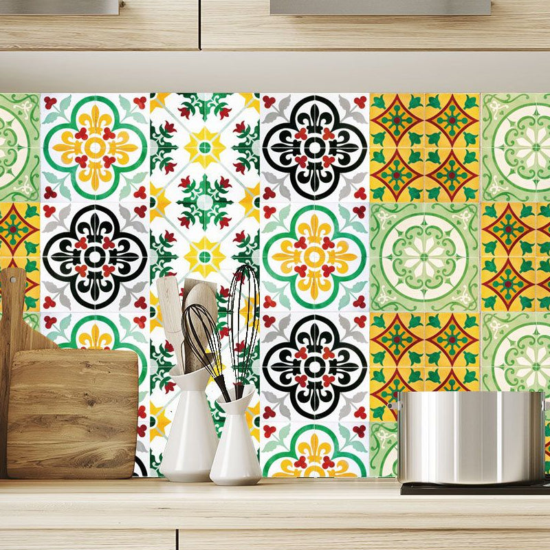 Self Sticking Floral Wallpaper Panel Set Bohemian PVC Wall Decor for Living Room, Yellow-Green