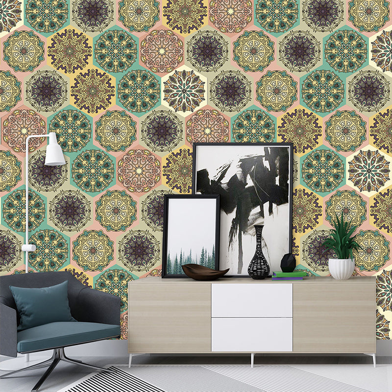 Removable Mandala Wallpaper Panel PVC Bohemian Wall Covering for Living Room (12 Pcs)