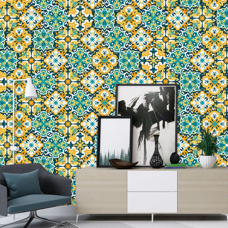 Ethnic Flowers Stick On Wallpaper Panels for Living Room, Yellow-Green, 9' L x 8" W