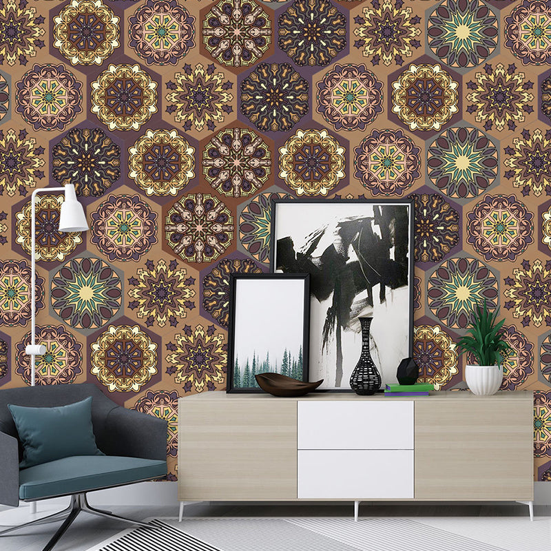 Bohemia Floral Printed Stick Wallpaper Panel Brown Living Room Wall Covering, 5.9-sq ft