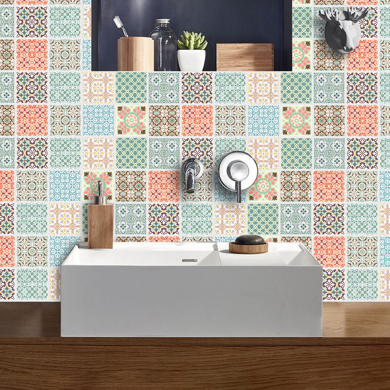 Boho Chic Geometric Wallpaper Panel in Red-Blue-Green Self Adhesive Wall Art for Bath