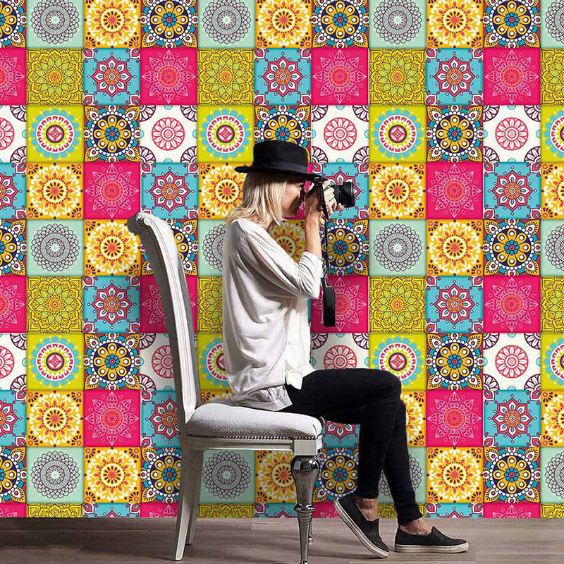 Mandala Peel and Stick Wallpaper Panel Set Rose Red-Blue-Green Boho Chic Wall Art