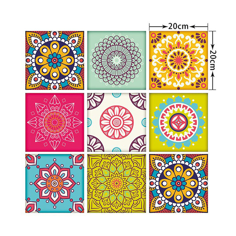 Mandala Peel and Stick Wallpaper Panel Set Rose Red-Blue-Green Boho Chic Wall Art