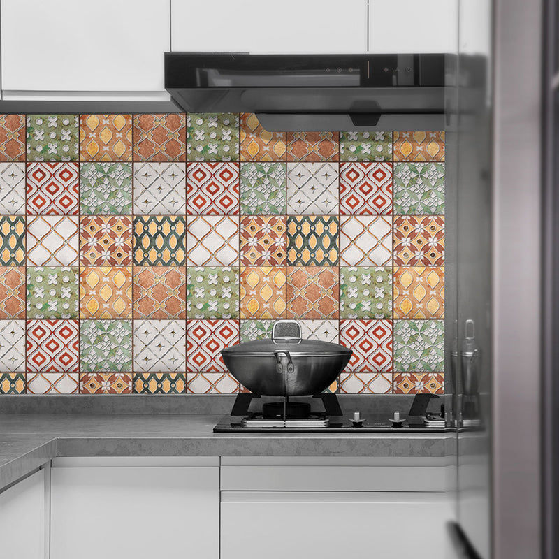 Orange-Green Trellis Wallpaper Panels Self-Sticking Bohemian Kitchen Wall Decoration