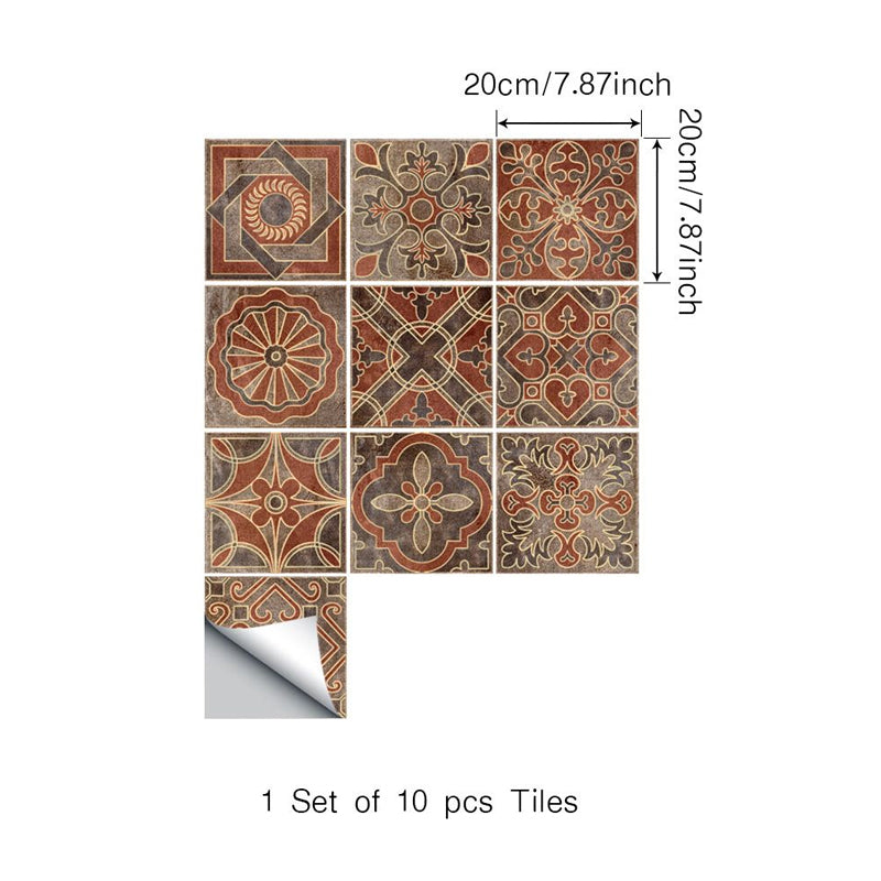 Orange Indian Tiles Wallpaper Panel Peel and Stick Boho Chic Stairway Wall Art (10 Pcs)