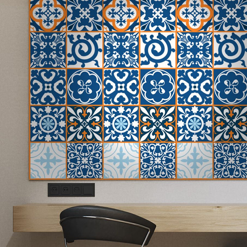 Moroccan Tiles Wallpaper Panel Set in Orange-Blue Self-Adhesive Wall Decor for Kitchen