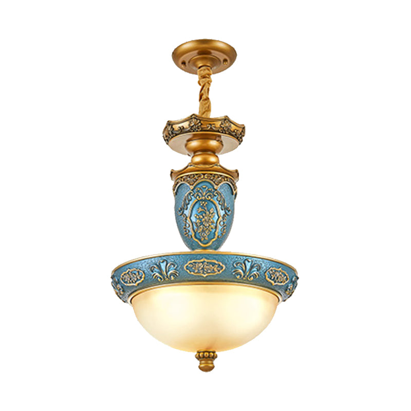 Frosted Glass Domed Hanglight Light Farmhouse 3 Bollen eetkamer plafondlamp met snijbloesem in blauw, 14,5 "/19" breed