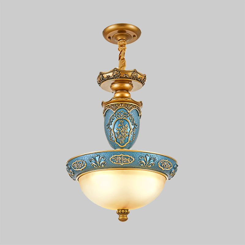 Frosted Glass Domed Hanglight Light Farmhouse 3 Bollen eetkamer plafondlamp met snijbloesem in blauw, 14,5 "/19" breed