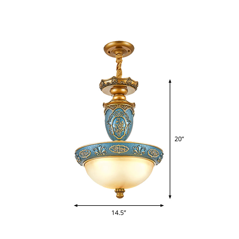 Frosted Glass Domed Hanglight Light Farmhouse 3 Bollen eetkamer plafondlamp met snijbloesem in blauw, 14,5 "/19" breed