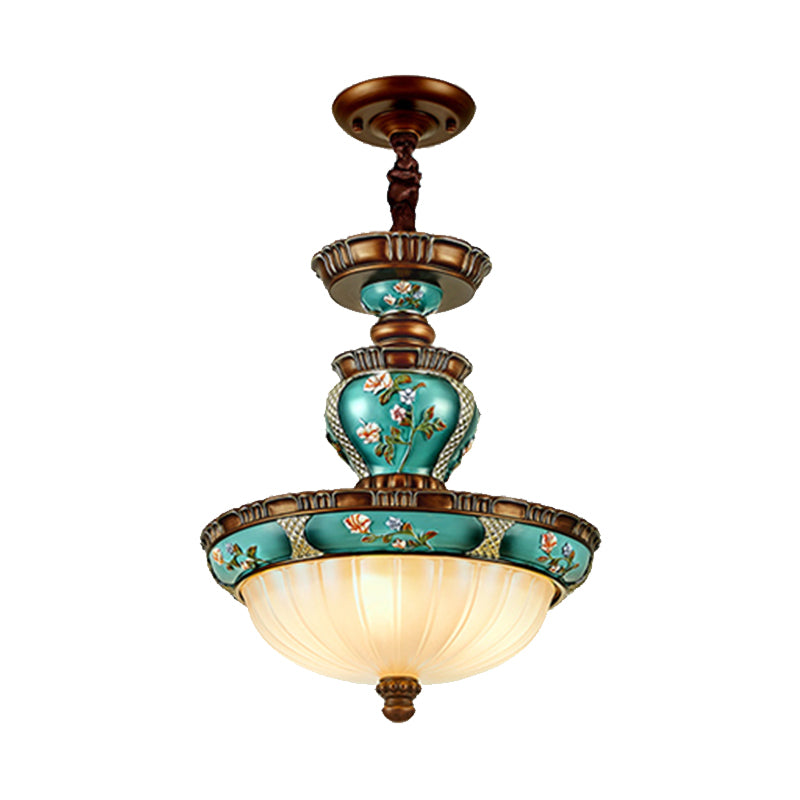 Lampe suspendue en forme de dôme vintage 15 "/ 19" de large 3 têtes en verre côtelé Gravure de l'éclairage en bleu