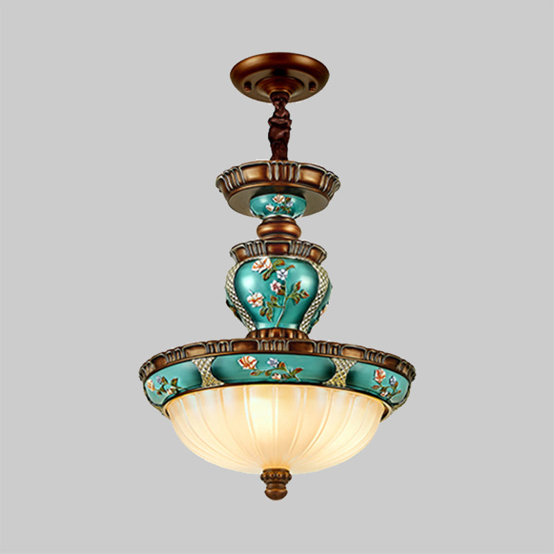 Lampe suspendue en forme de dôme vintage 15 "/ 19" de large 3 têtes en verre côtelé Gravure de l'éclairage en bleu