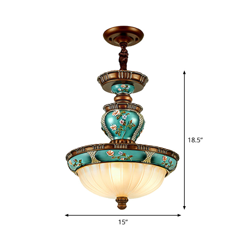 Lampe suspendue en forme de dôme vintage 15 "/ 19" de large 3 têtes en verre côtelé Gravure de l'éclairage en bleu