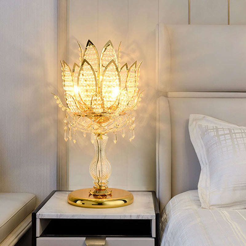 1 Bulb Table Light Mid-Century Lotus Clear Crystal Bedroom Nightstand Lamp with Gold Base