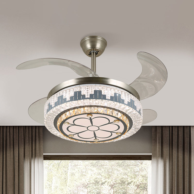 LED Circular Semi Flush Modern Stainless-Steel Clear Crystal Blocks 4 Blades Pendant Fan Light, 19" Wide