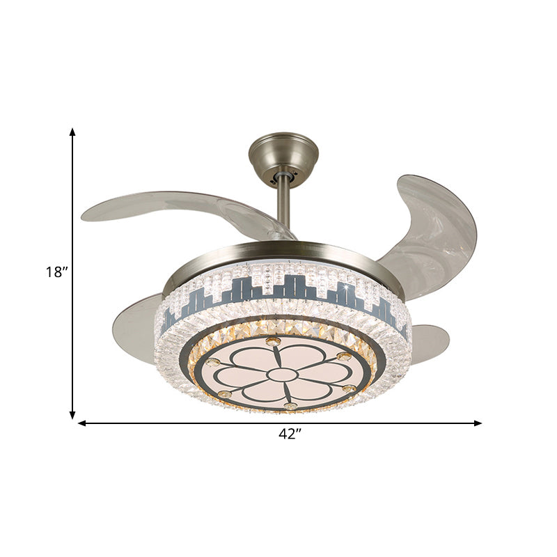 LED Circular Semi Flush Modern Stainless-Steel Clear Crystal Blocks 4 Blades Pendant Fan Light, 19" Wide