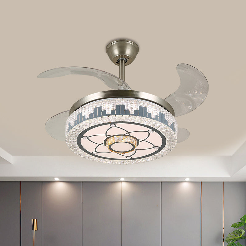 Stainless-Steel LED Hanging Fan Lamp Modern Clear Crystal Blocks Round Semi Flush Light with 4 Blades, 19" Width