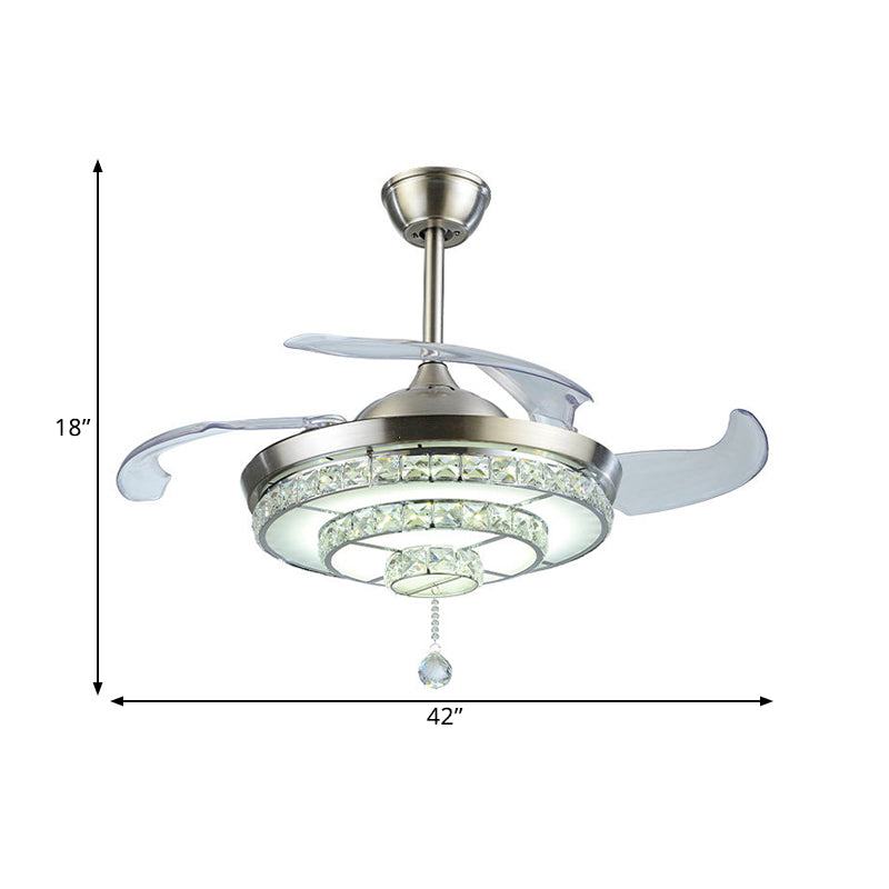 LED Tiered Round Ceiling Fan Light Contemporary Nickel Crystals 4-Blade Semi Flush Mount, 19" Wide