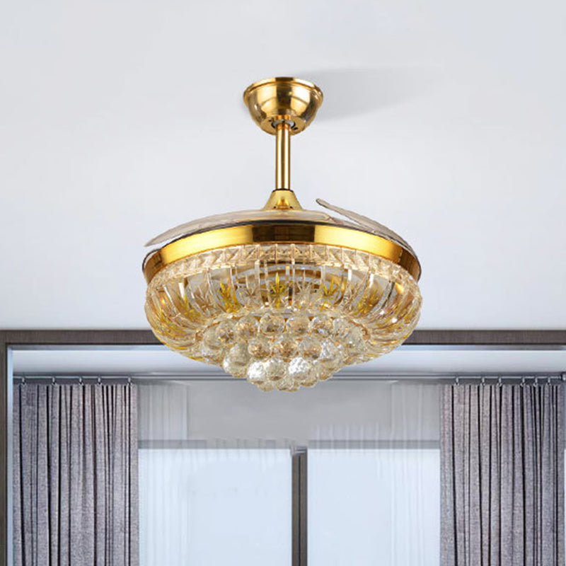 19" Wide LED Semi Flush Light Modern Circular Clear Crystal Blocks Pendant Fan Lamp in Gold