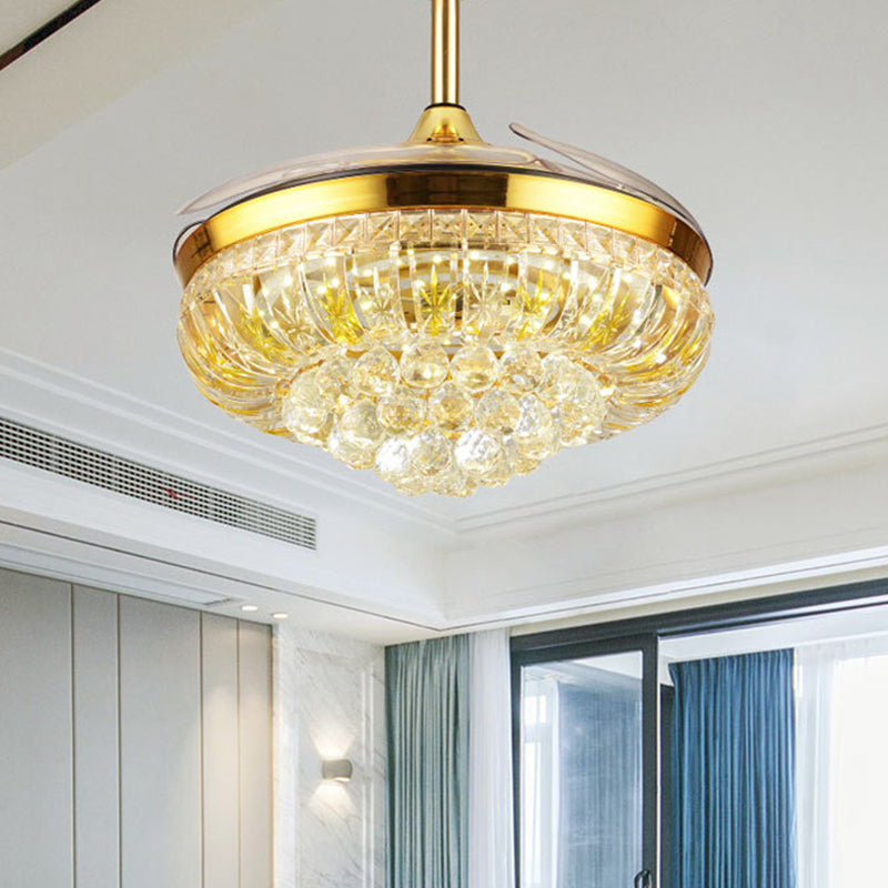 19" Wide LED Semi Flush Light Modern Circular Clear Crystal Blocks Pendant Fan Lamp in Gold