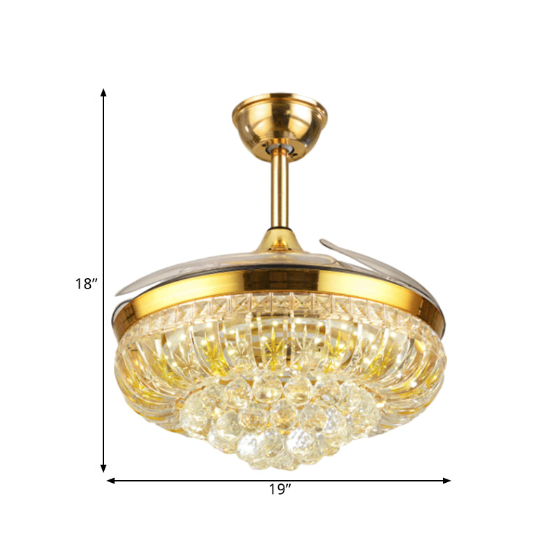 19 "brede LED Semi Flush Light Modern Circular Clear Crystal Blocks Hanger Fan Lamp in Gold